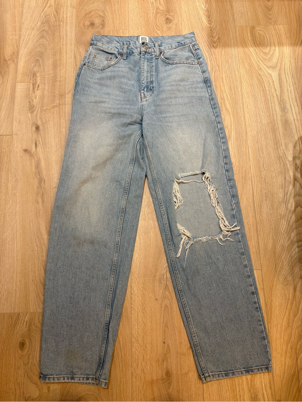 BDG Light Blue High-Rise Straight Jeans with Distressed Knee
